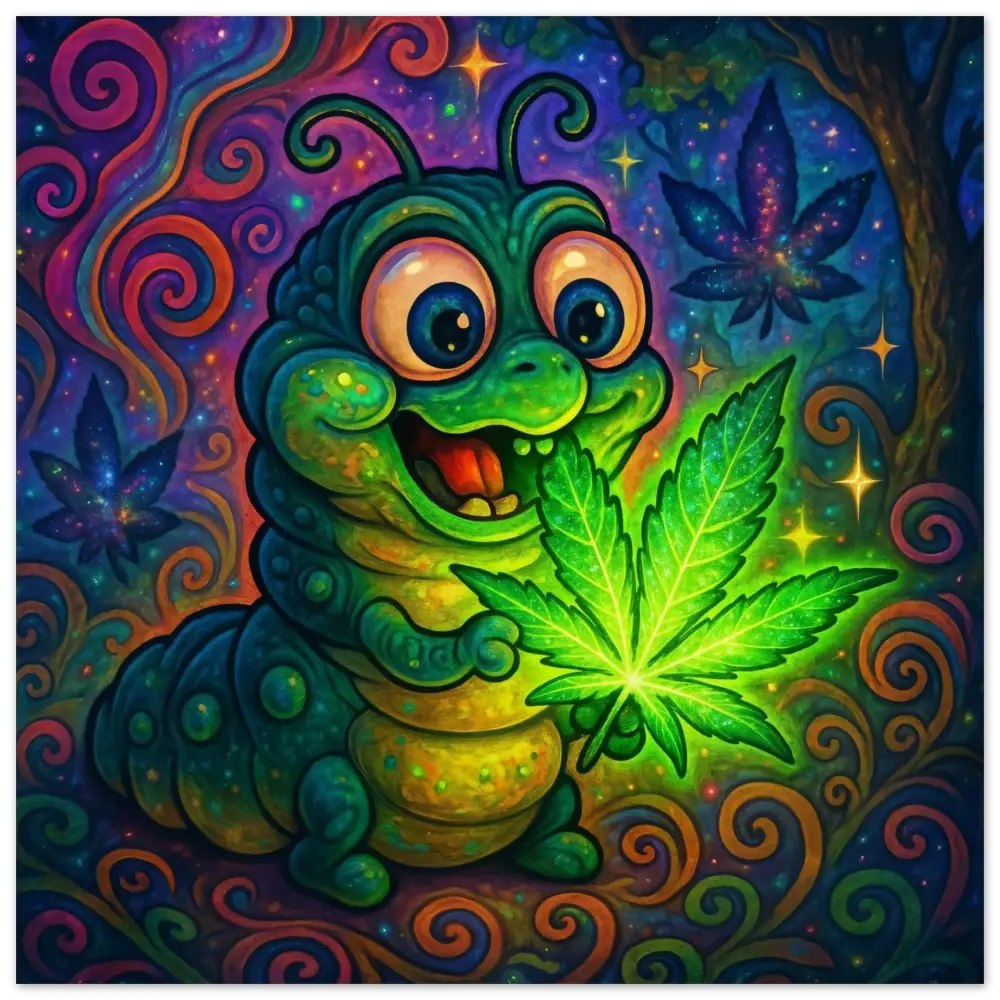 Cartoon caterpillar eating glowing cannabis leaf on Fine Art Poster Leaf Me Alone PixiOnyx