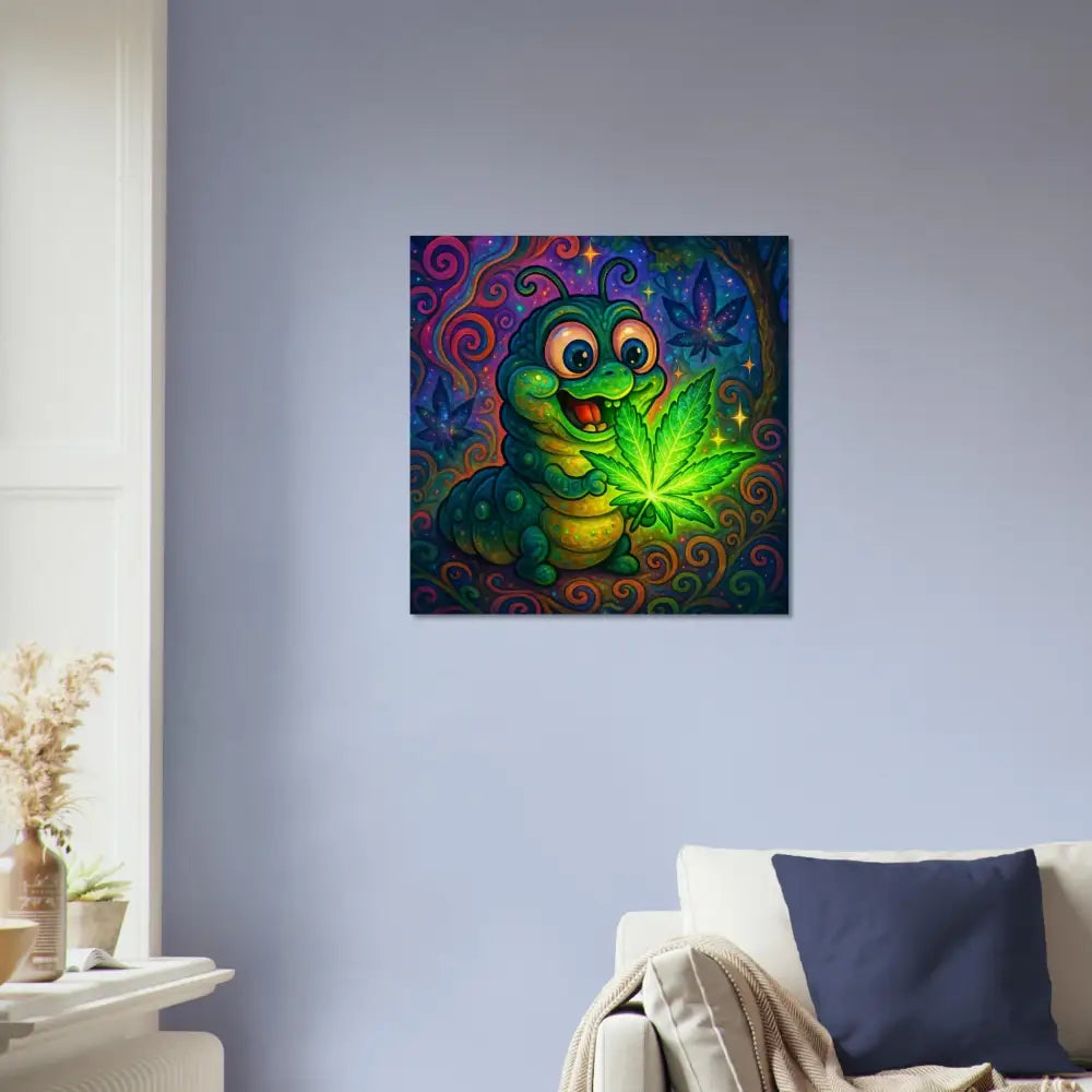 Cartoon caterpillar holding glowing cannabis leaf on Fine Art Poster Leaf Me Alone Vibin