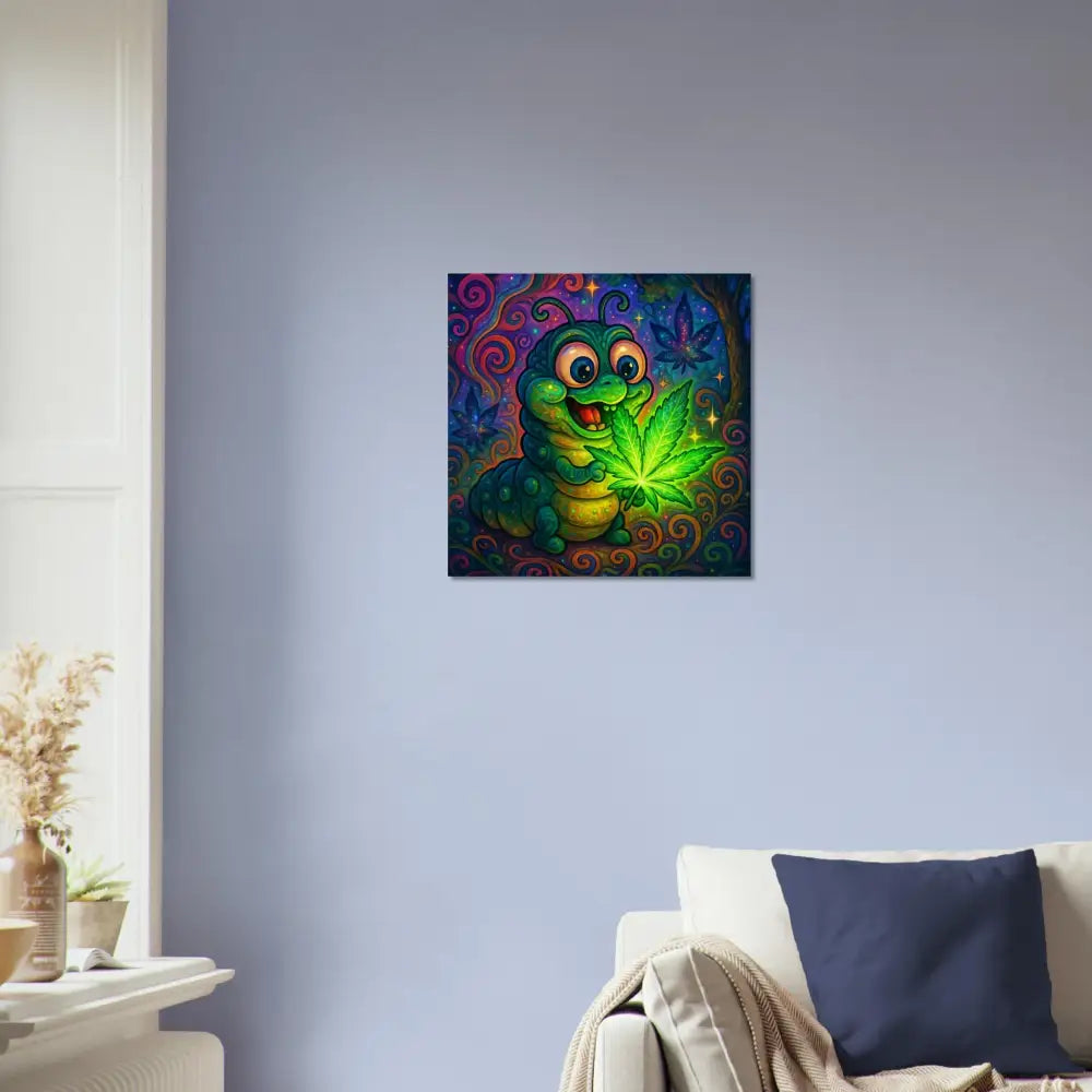 Cartoon caterpillar holding glowing marijuana leaf for PixiOnyx Psychedelic Decor poster