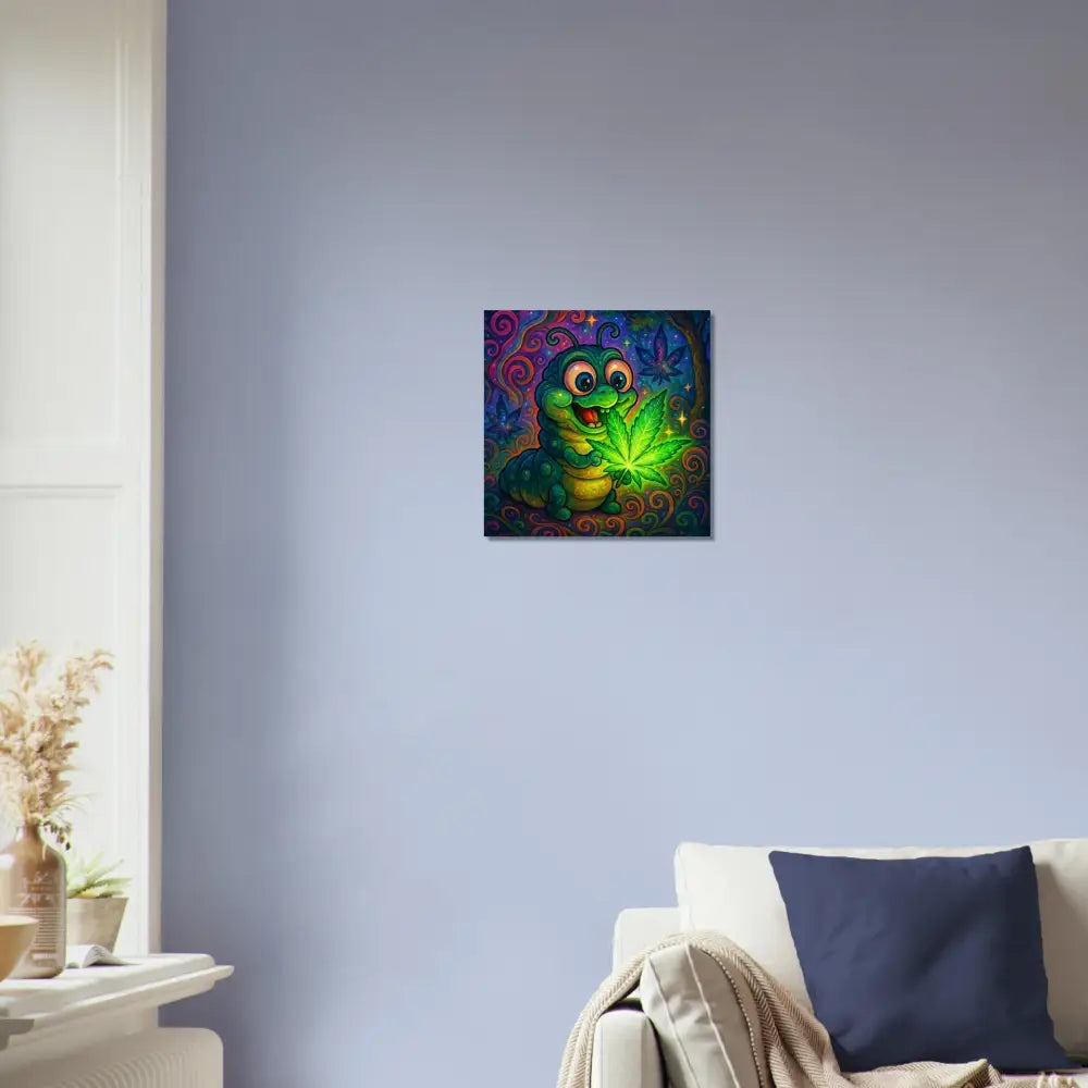Cartoon caterpillar holding a marijuana leaf for PixiOnyx Psychedelic Decor poster