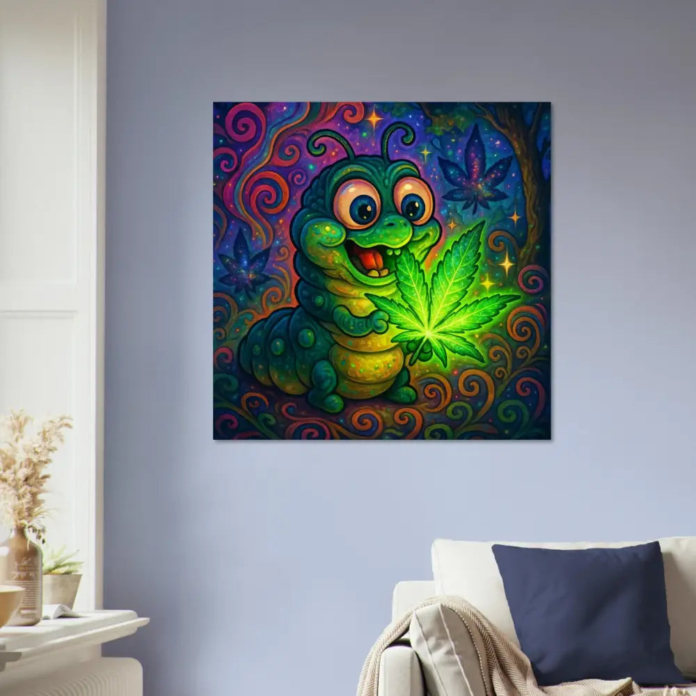 Cartoon caterpillar with marijuana leaf on PixiOnyx Psychedelic Decor poster