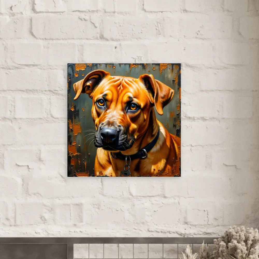 Fine art poster of a brown dog with a black collar showcasing a soulful stare captured