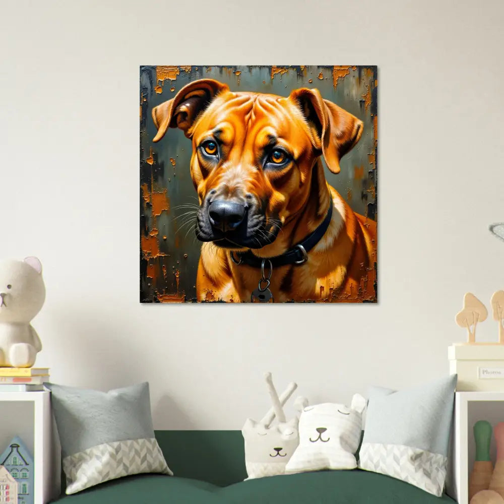 Fine art canvas print of a brown dog with a black collar showcasing a soulful stare captured