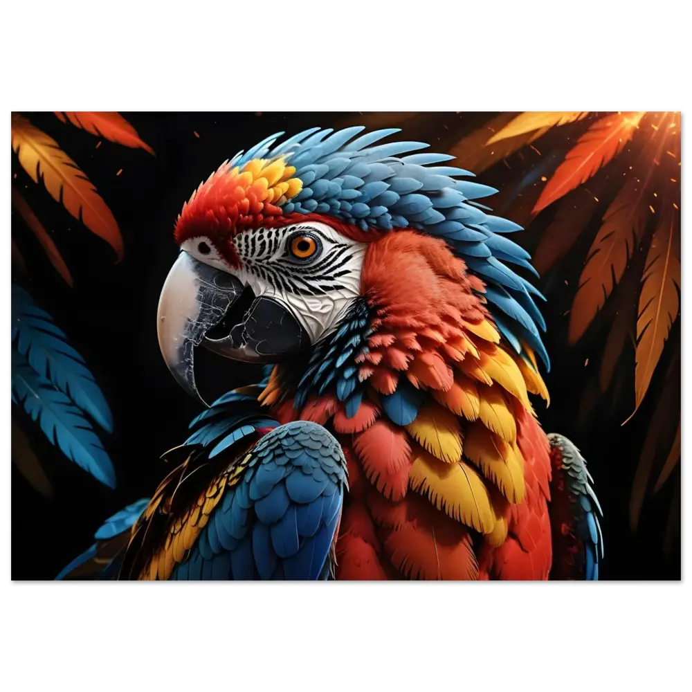 Colorful Macaw Parrot displayed on Fine Art Poster Macaw Ascendant by PixiOnyx
