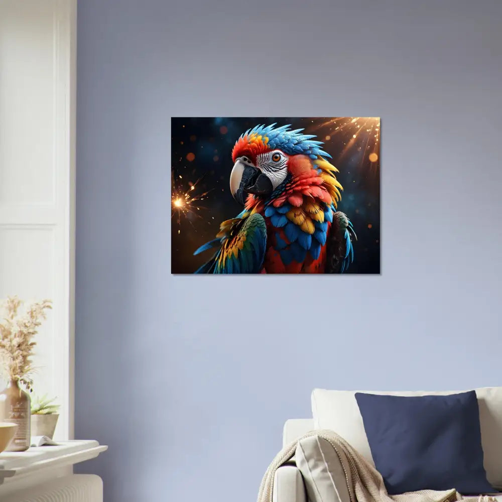Colorful parrot art print displayed in Fine Art Poster Macaw Firelight by PixiOnyx