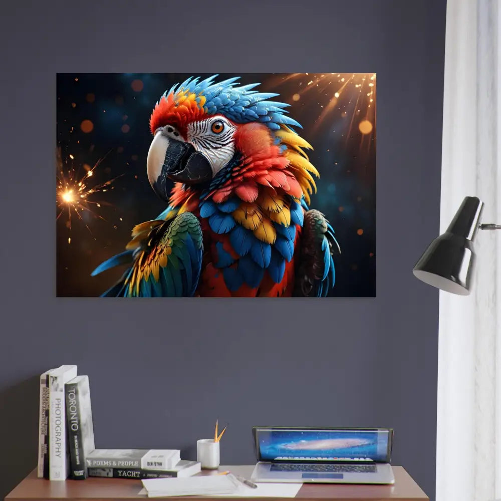 Colorful parrot art print for Tropical Burst Nature display in Macaw Firelight poster