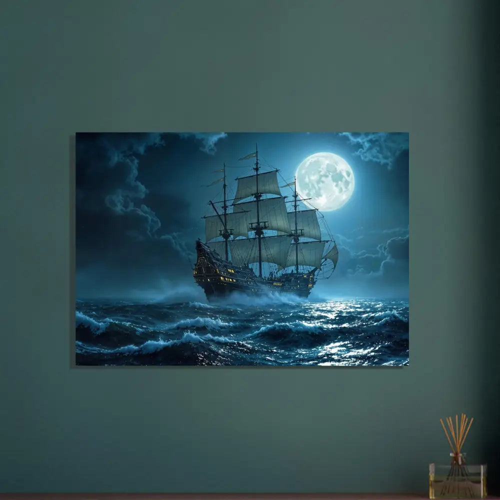 Moonlit sailing ship painting displayed on Fine Art Poster Moonlit Majesty by PixiOnyx