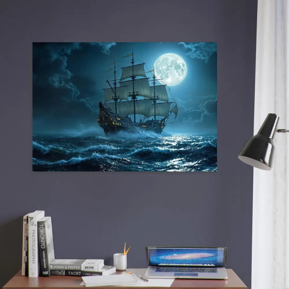Moonlit sailing ship print from the Fine Art Poster Moonlit Majesty PixiOnyx Nautical Dreamscape