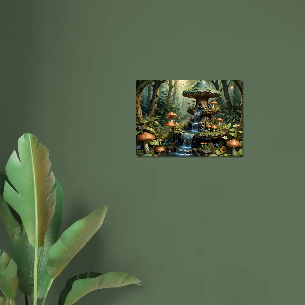 Mushroom fountain in enchanted forest inspired by PixiOnyx Forestcore Dreamprint poster