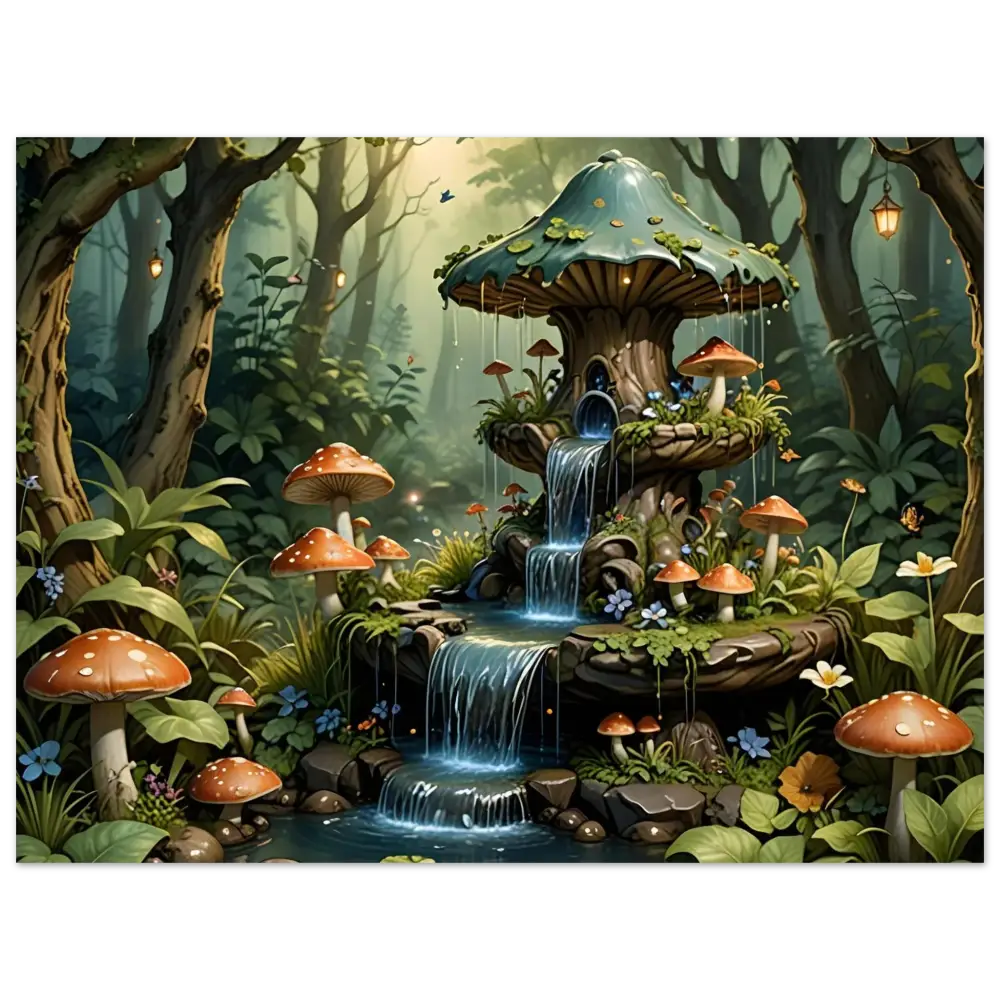 Mushroom-shaped fountain with cascading waterfalls in PixiOnyx Forestcore Dreamprint poster