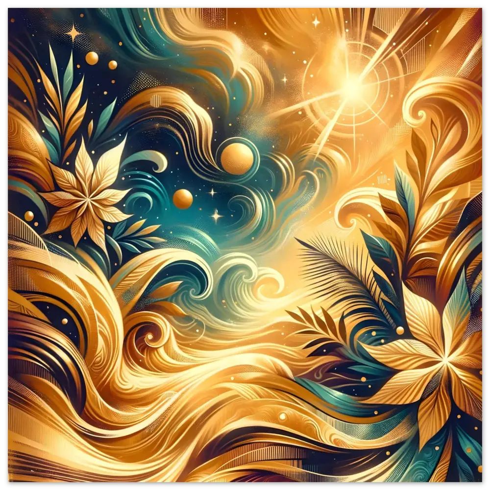 Abstract golden floral celestial artwork from Fine Art Poster Nebula Bloom Cascade by PixiOnyx