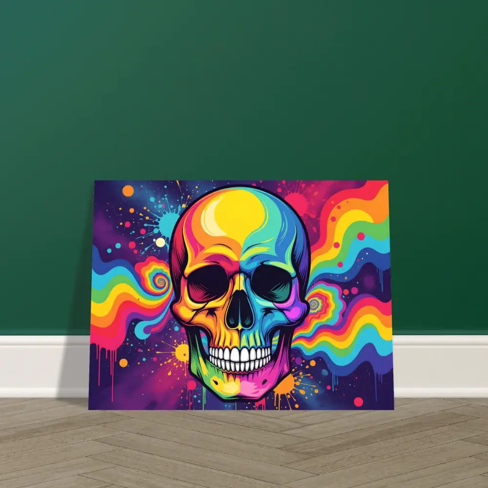 Colorful skull artwork vibrant neon psychedelic poster displayed in PixiOnyx abstract art collection