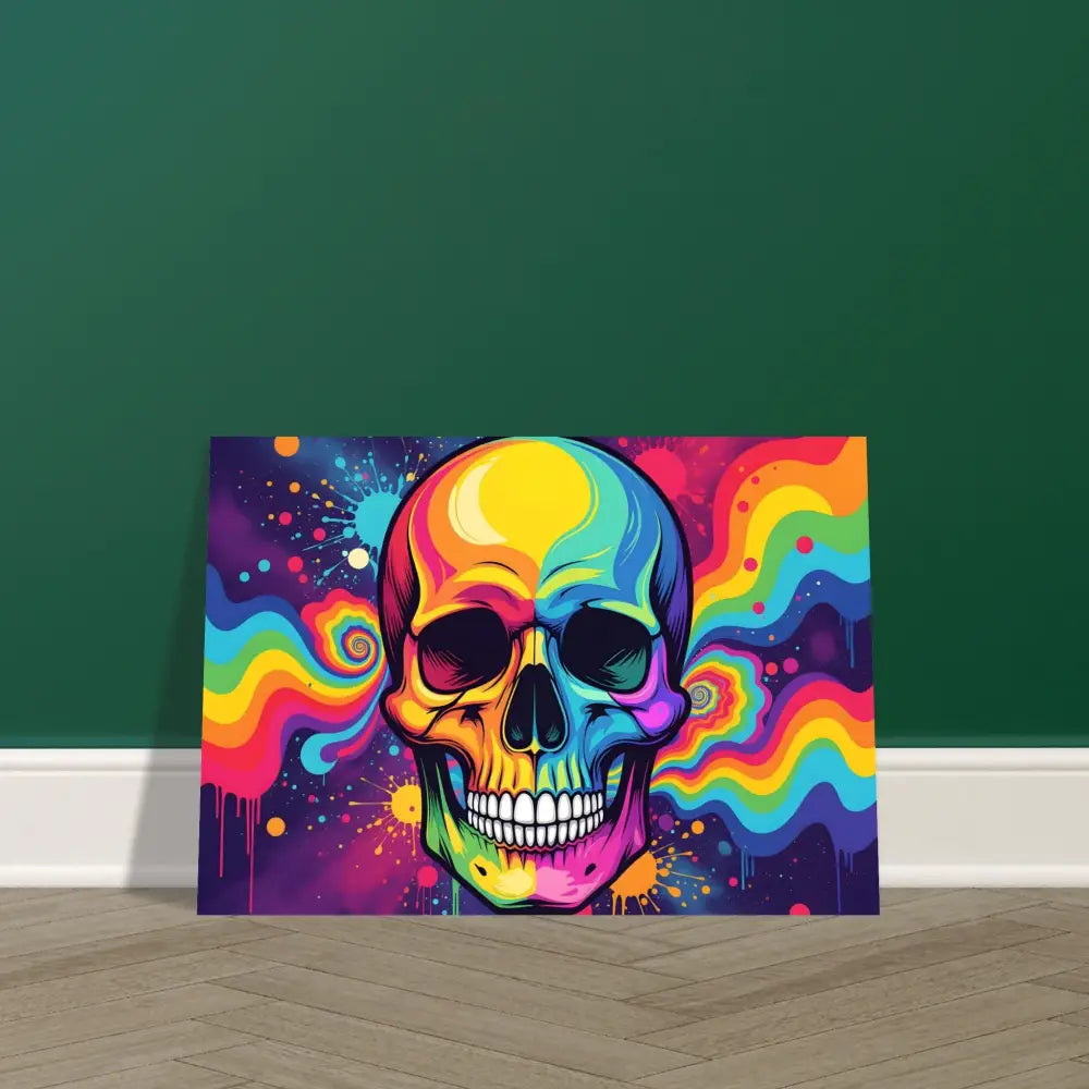 Vivid colorful skull art displayed on Fine Art Poster Neon Psychedelic Skull by PixiOnyx
