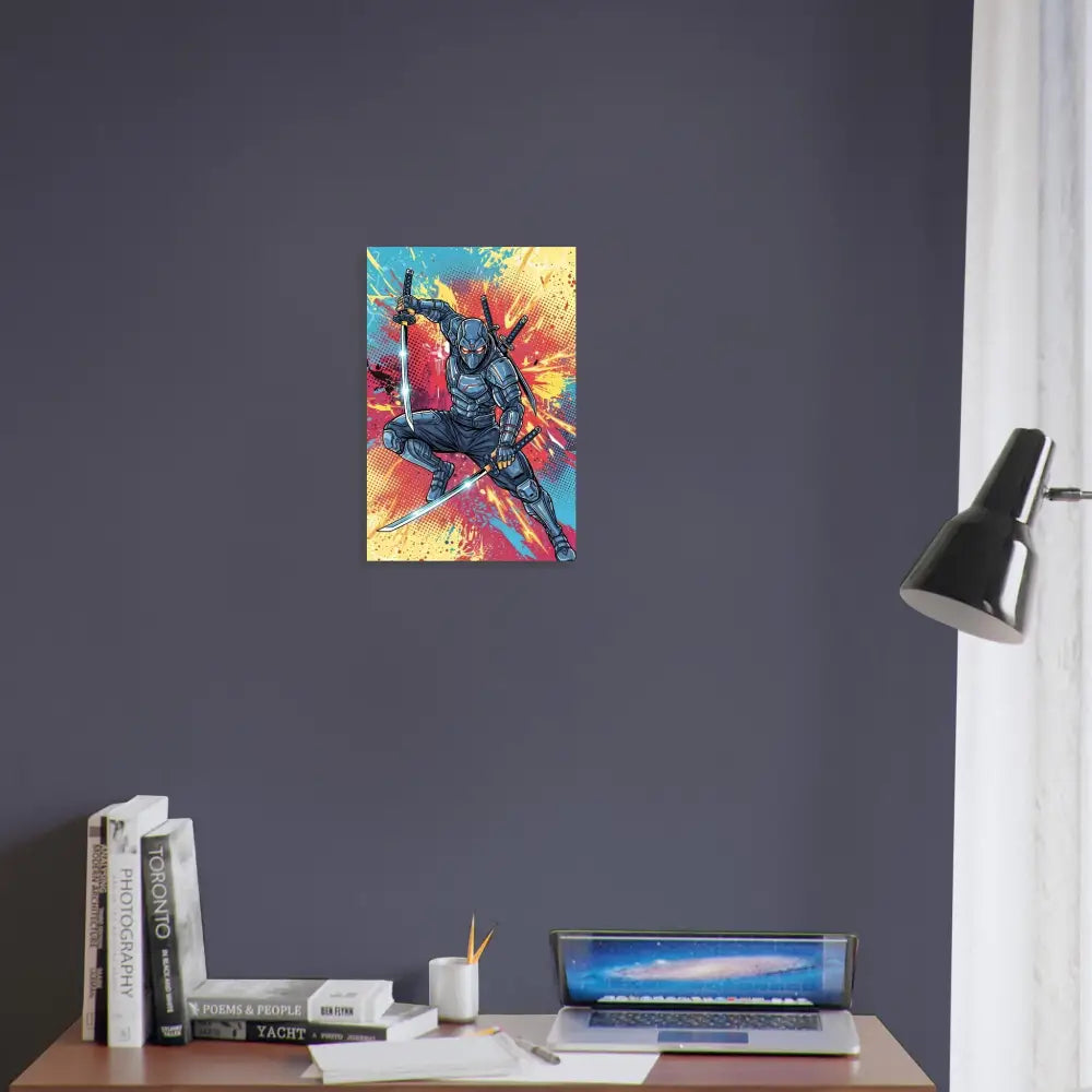 Vibrant canvas print of a cyber-sleek ninja launches mid-air in retro comic chaos style