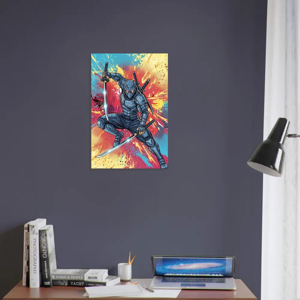 Vibrant cyber-sleek ninja launches mid-air with swords in retro comic chaos poster