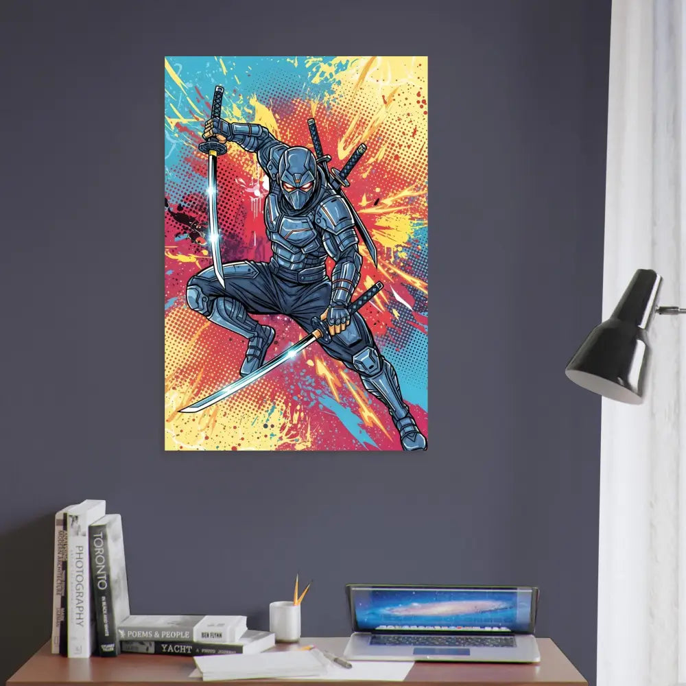 Vibrant graphic print of cyber-sleek ninja launches mid-air in retro comic chaos style