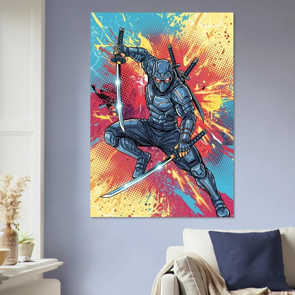 Cyber-sleek ninja launches mid-air with two katanas against retro comic chaos background