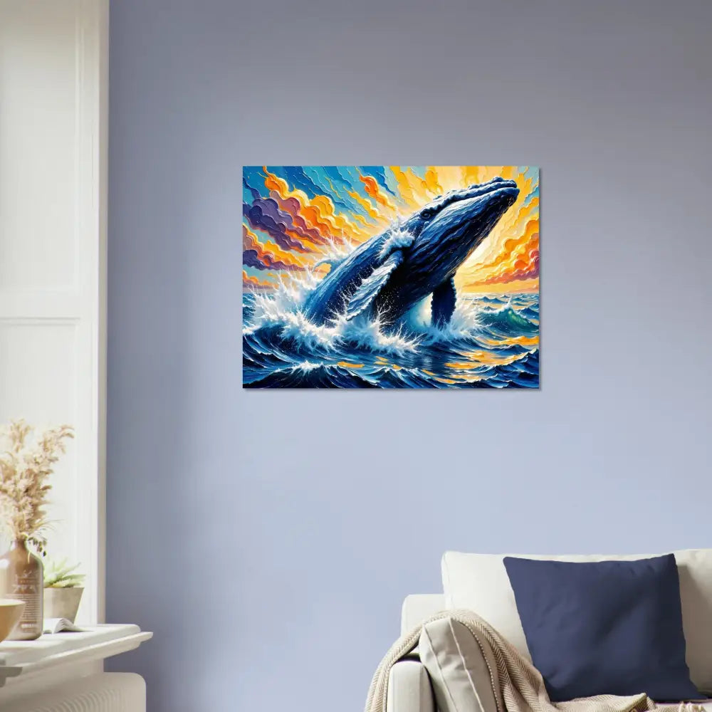 Vibrant fine art poster of a whale breaching ocean in PixiOnyx Painterly Majesty style