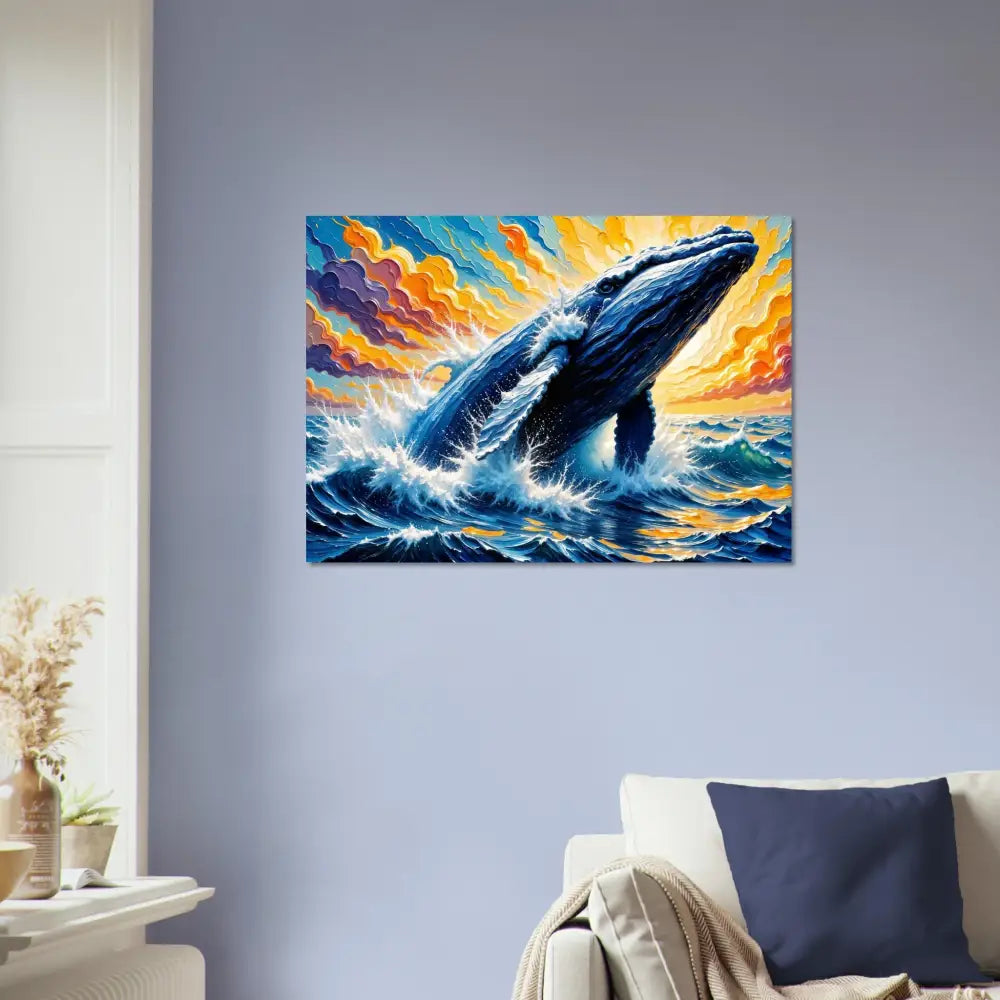 Vibrant fine art poster of a blue whale breaching in stormy colorful sea PixiOnyx Painterly Majesty