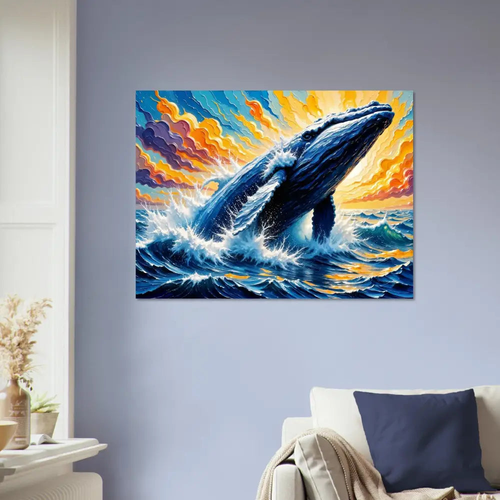 Fine art poster of a vibrant whale breaching waves showcasing PixiOnyx Painterly Majesty and raw majesty