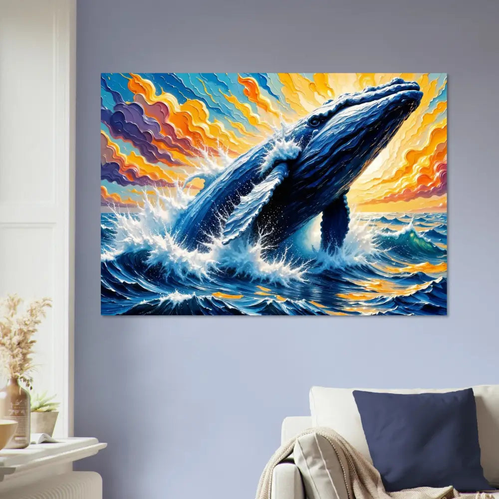 Fine art poster of a blue whale breaching ocean waves under a colorful sky in PixiOnyx Painterly Majesty