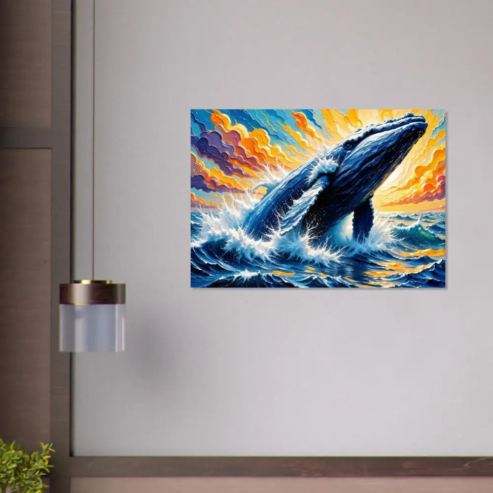 Vibrant fine art poster of a breaching whale at sunset from PixiOnyx Painterly Majesty