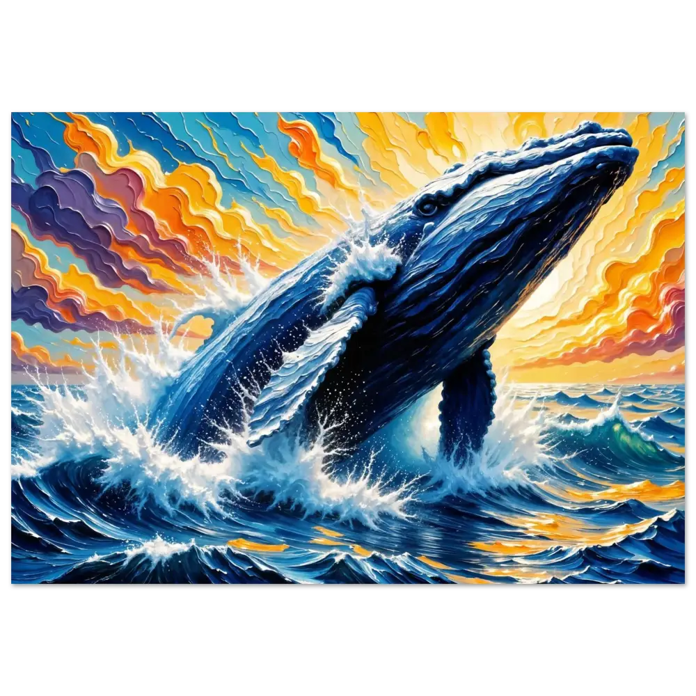 Fine art poster of a blue whale breaching in vibrant skies showcasing PixiOnyx Painterly Majesty raw majesty