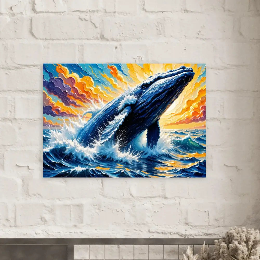 Vibrant fine art poster of a blue whale breaching under a colorful sky in PixiOnyx Painterly Majesty