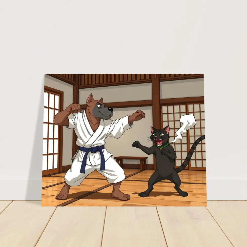 Cartoon dog and cat karate match on Fine Art Poster Paws of Fury PixiOnyx Martial Mayhem