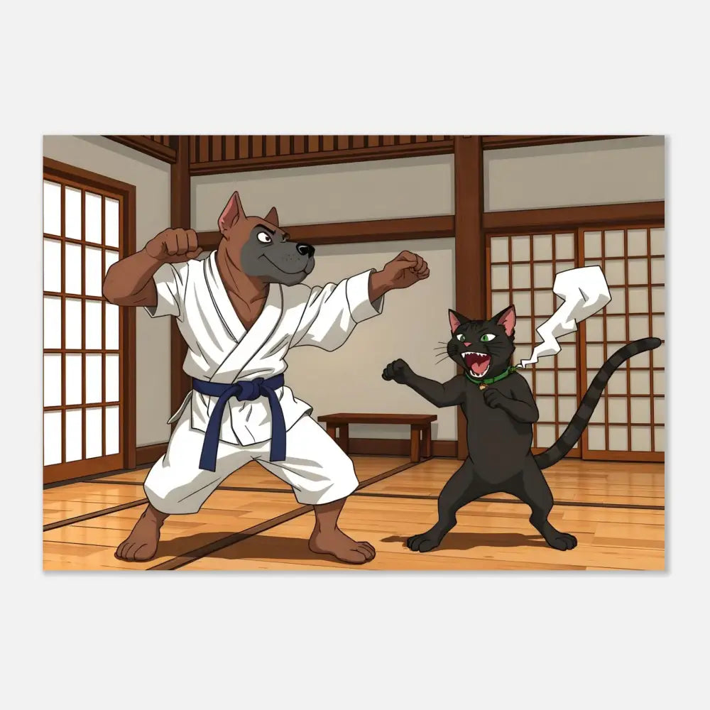 Cartoon dog and cat karate match on Paws of Fury poster by PixiOnyx Martial Mayhem