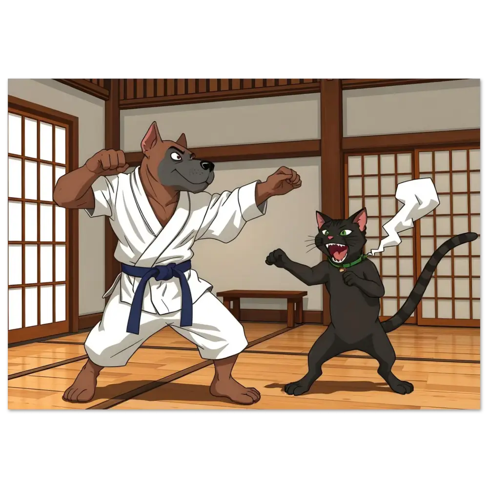 Cartoon dog and cat Karate match on Fine Art Poster Paws of Fury PixiOnyx Martial Mayhem