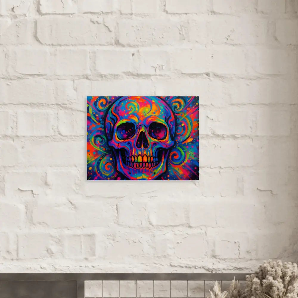 Colorful skull art poster titled Psychedelic Skull Eruption by PixiOnyx Cosmic Display