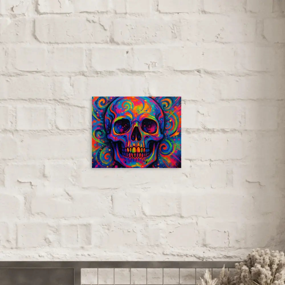 Colorful skull art poster titled Psychedelic Skull Eruption by PixiOnyx Cosmic Display