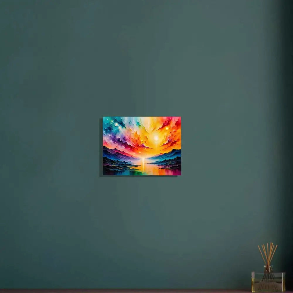 Fine art poster of radiant horizon featuring an ultra-vivid abstract landscape with sunset over mountains and water
