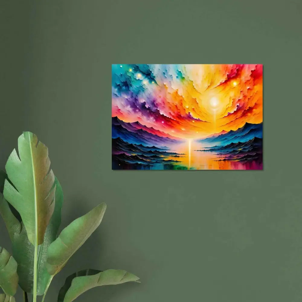 Ultra-vivid abstract landscape fine art poster of radiant horizon sunset over water