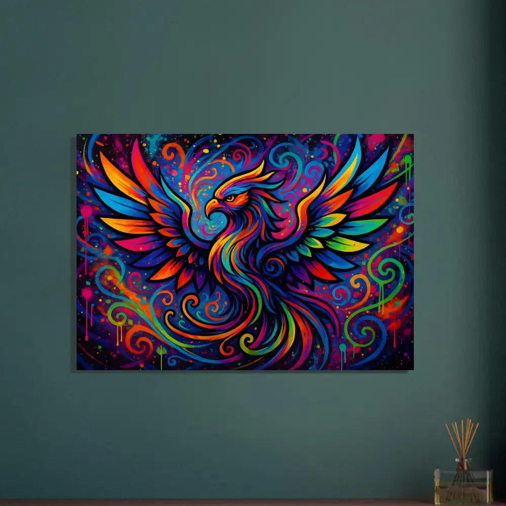 Colorful phoenix painting featured on Fine Art Poster Rebirth in Neon Flame by PixiOnyx