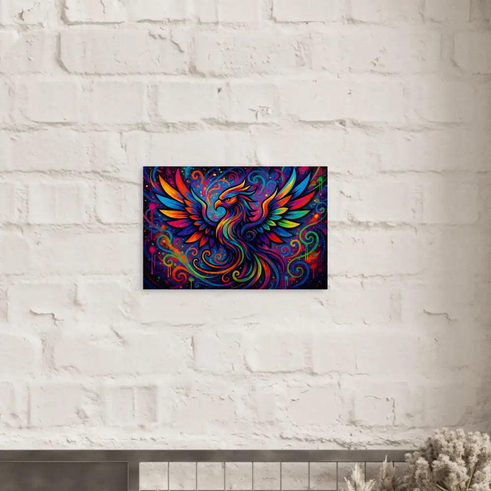 Colorful phoenix artwork on Fine Art Poster Rebirth in Neon Flame by PixiOnyx