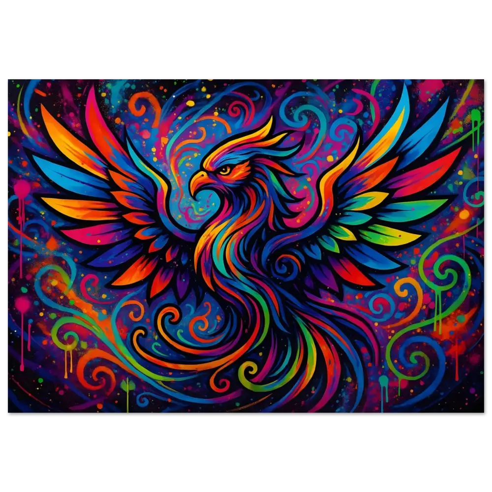 Colorful phoenix artwork for Fine Art Poster Rebirth in Neon Flame by PixiOnyx