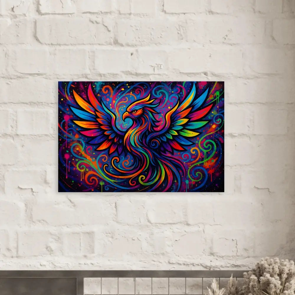 Colorful phoenix artwork from the Fine Art Poster Rebirth in Neon Flame by PixiOnyx