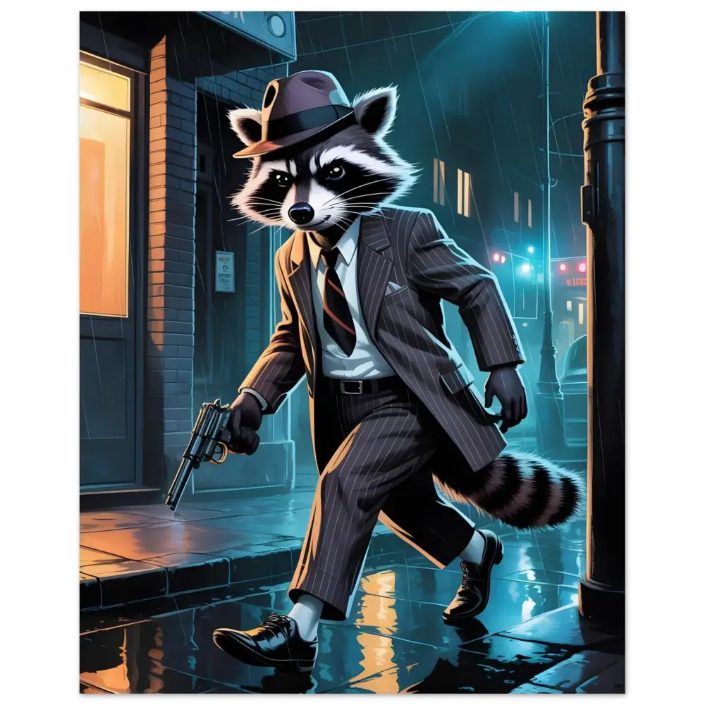 Raccoon mobster with gun in Noir Alley Swagger art poster by PixiOnyx Midnight Mystery