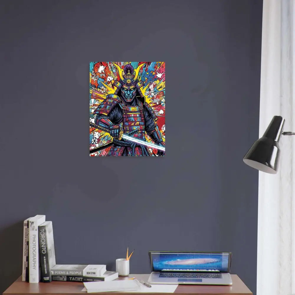 Vibrant samurai splash poster with sword showcasing professional print durability FSC®