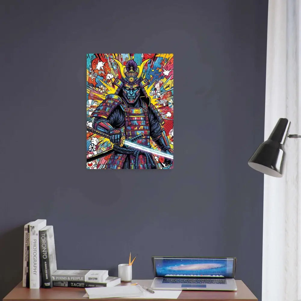 Colorful pop art samurai poster showcasing Samurai Splash with professional print durability FSC®
