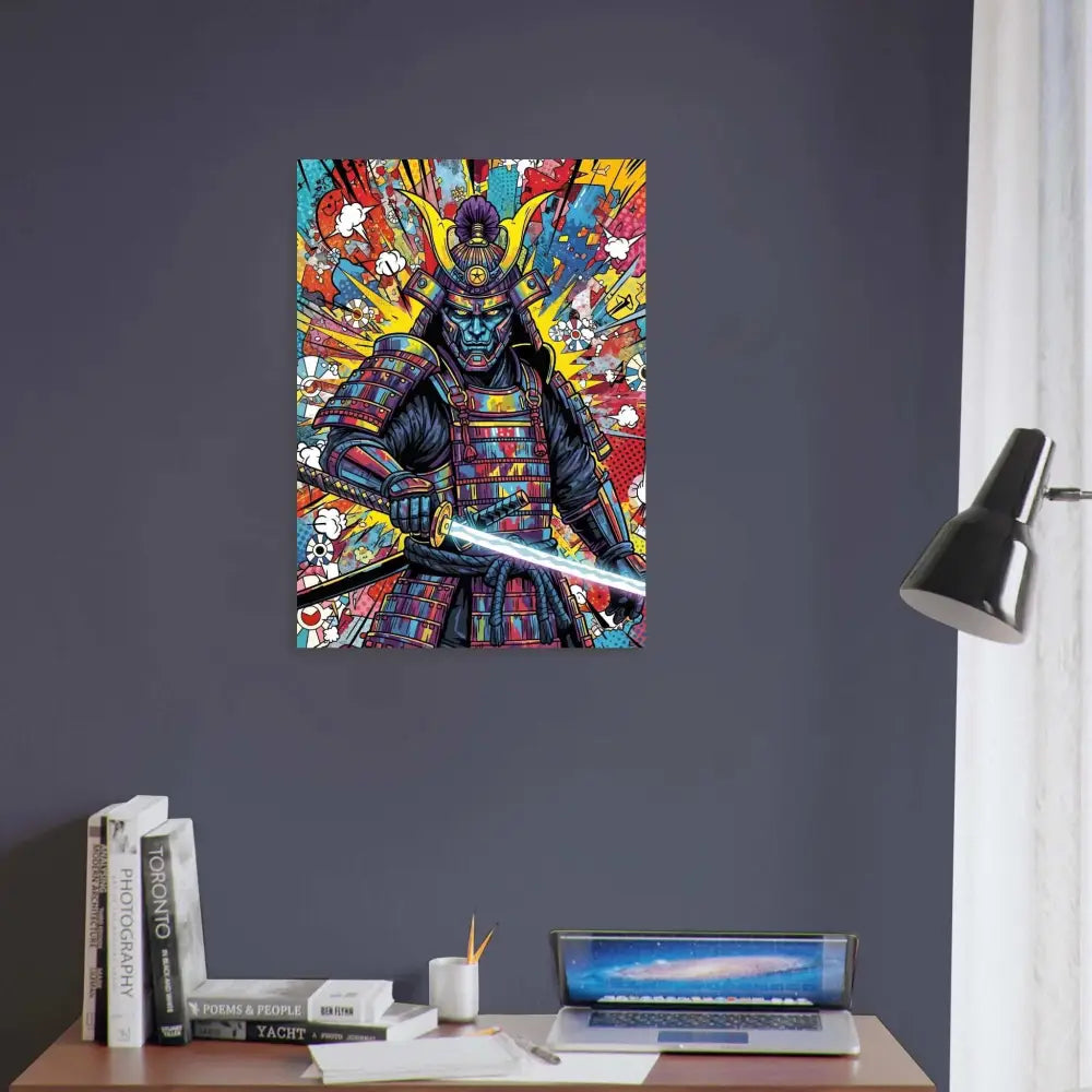 Vibrant samurai splash artwork on dark wall showcasing professional print durability FSC®