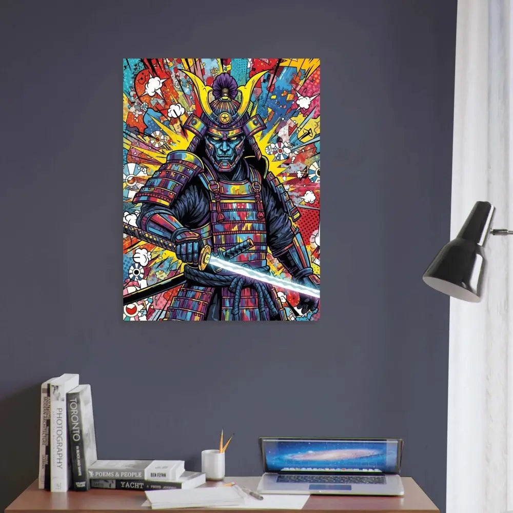 Colorful pop-art Samurai Splash poster with glowing katana showcasing print durability FSC®