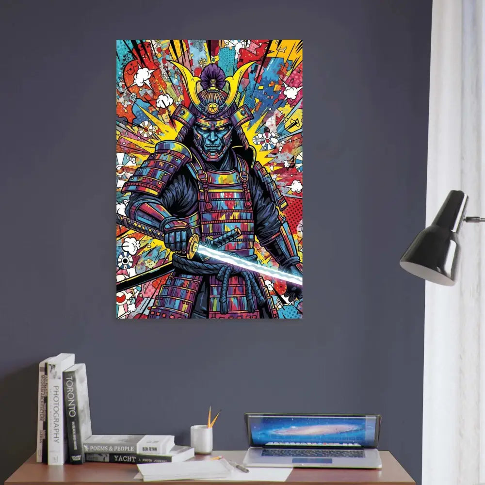 Vibrant Samurai Splash poster with glowing sword showcasing professional print durability FSC®