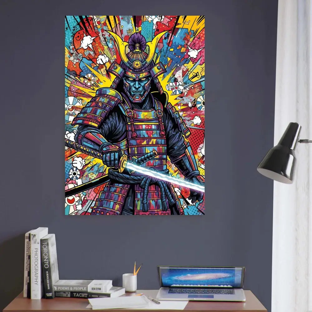 Colorful pop art style samurai warrior poster showcasing Samurai Splash with professional print durability