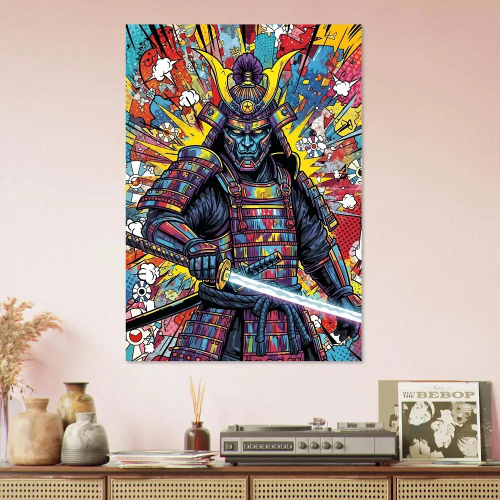 Colorful pop art style samurai splash poster with glowing katana, professional print durability