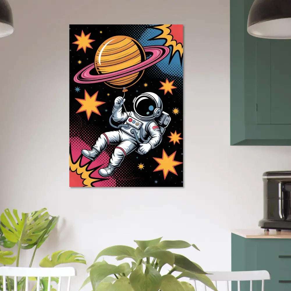Colorful space-themed canvas print of a spacewalker clutching Saturn balloon in museum-grade 12-color giclée