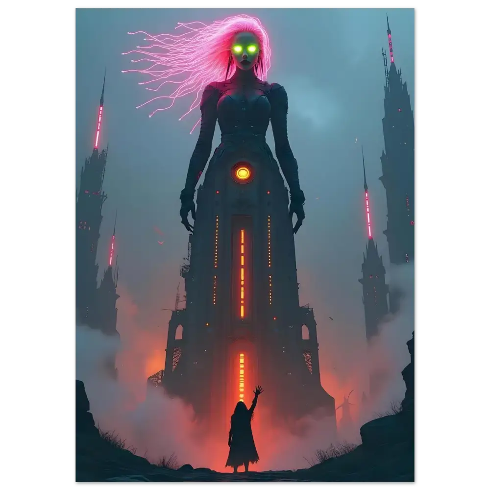 Cybernetic sorceress towering over futuristic cityscape in Sci-fi Fairytale Poster