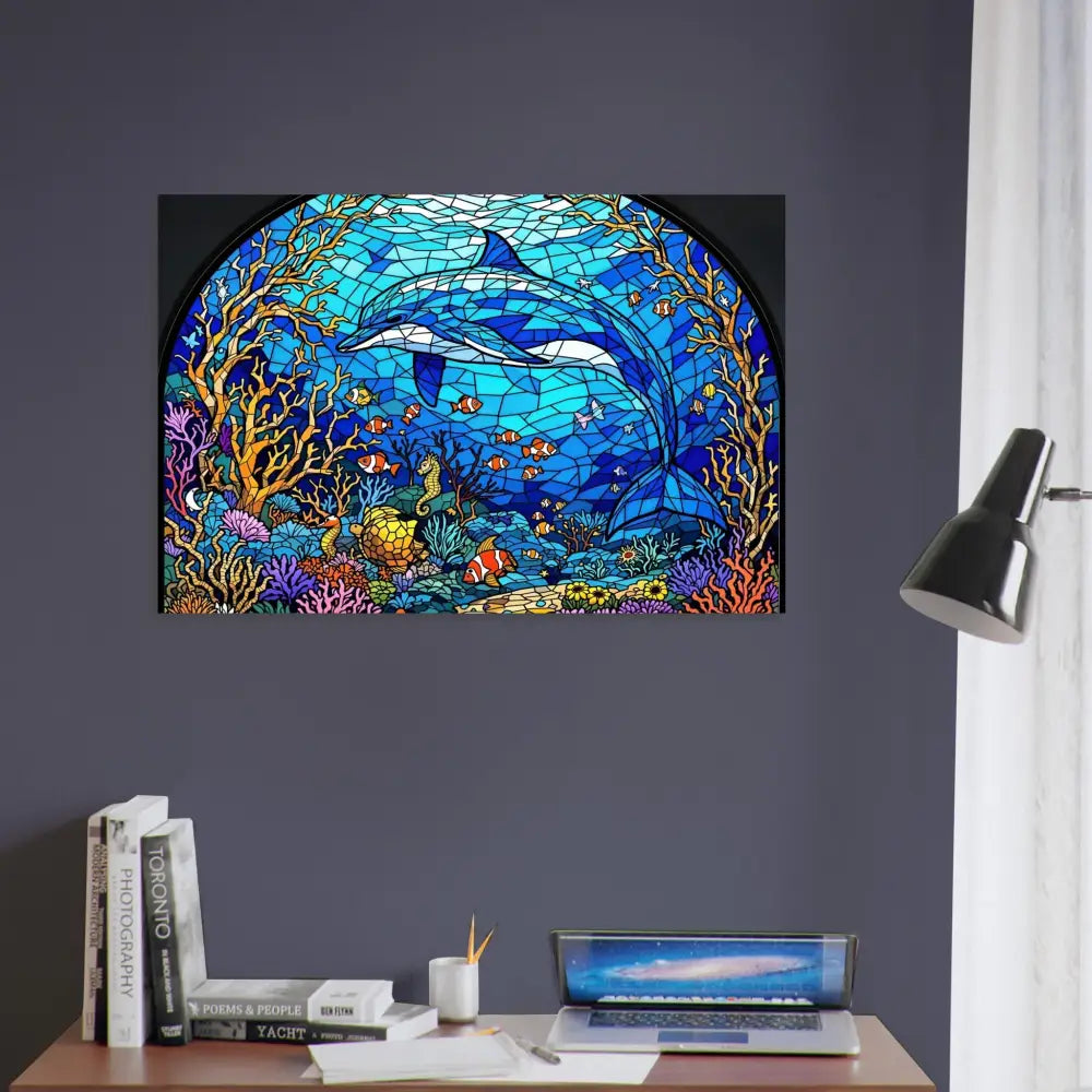 Stained glass dolphin artwork on Fine Art Poster Sea Cathedral PixiOnyx Oceanlight Relic